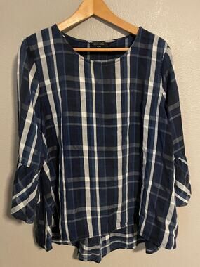 John Mark Tunic Top Womens Large Blue Plaid Ruffle Bell Sleeve Relaxed Boho